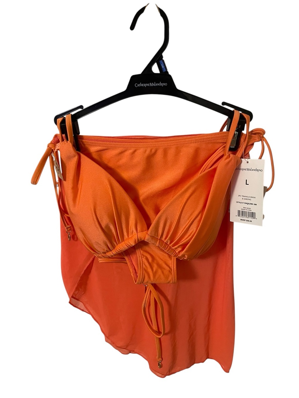Catherine Malandrino - 3 Piece Orange Bikini Set + Sarong - NWT - Size L